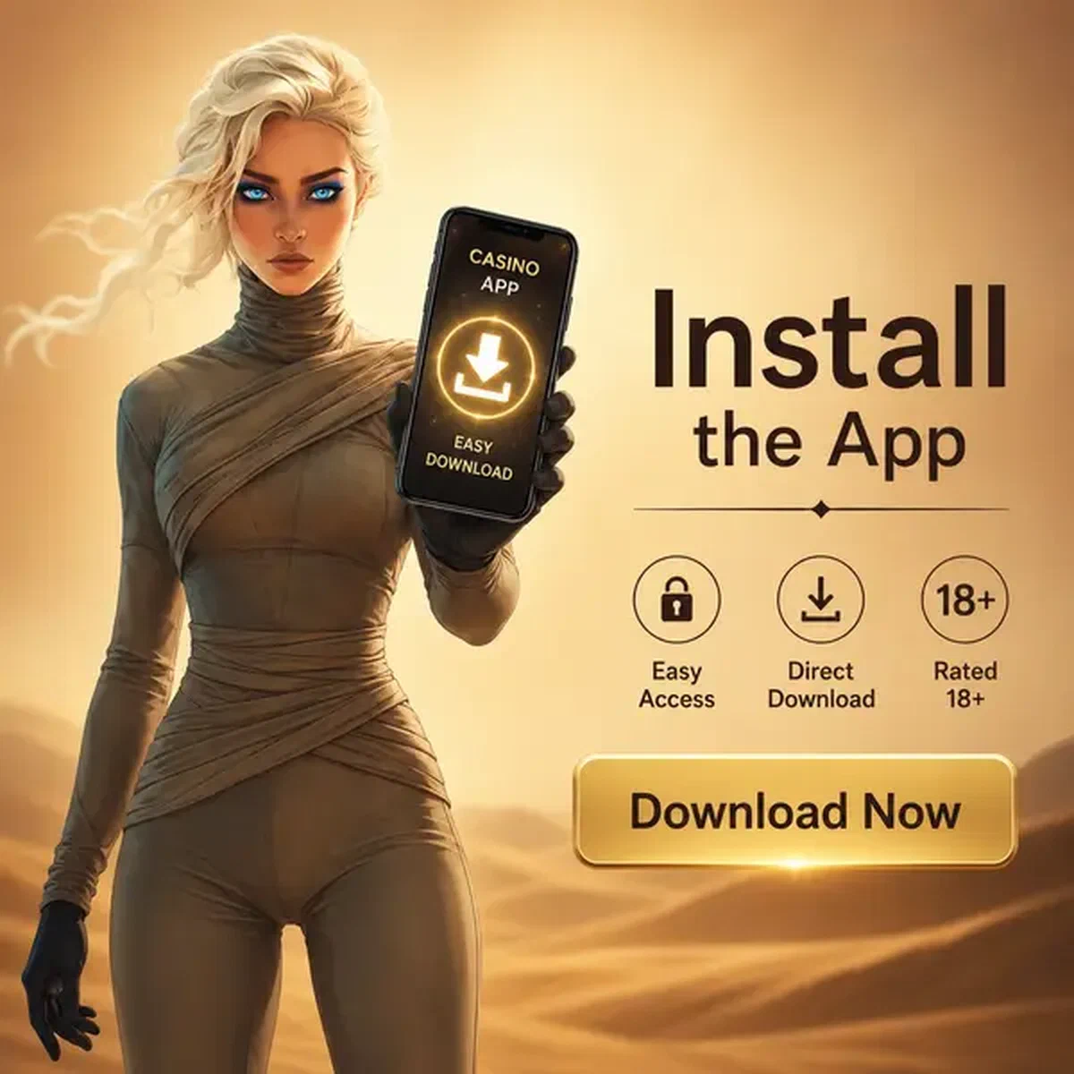Woestijnverkenner met smartphone waarop SpinSahara-app-download gloeit op scherm