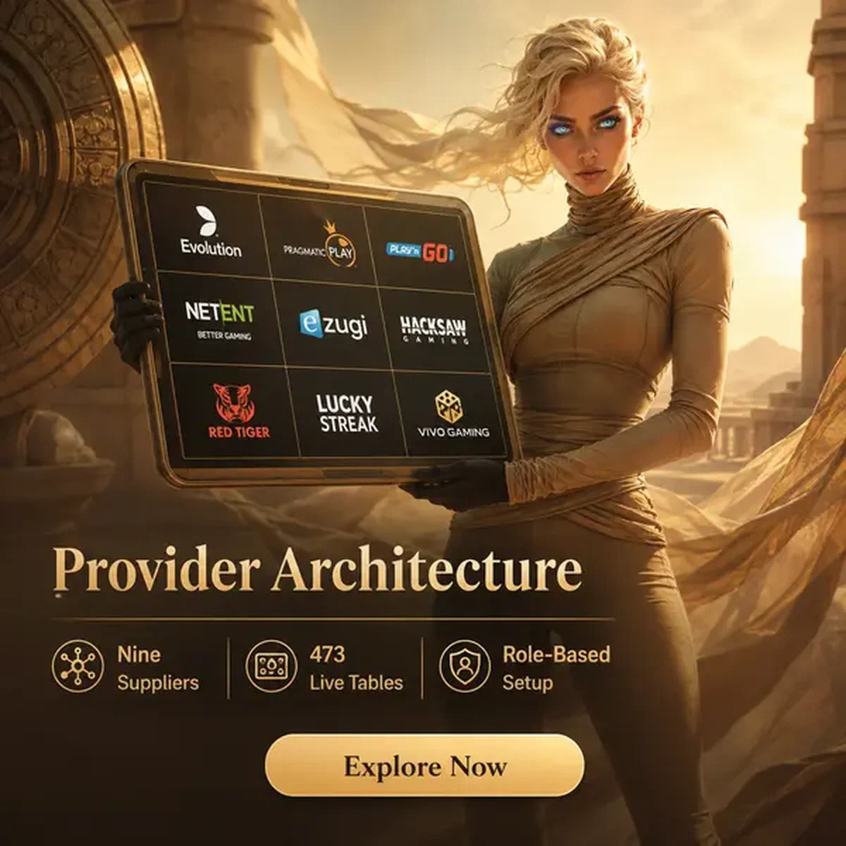 De Wandelaar onderzoekt SpinSahara live casino providers op gloeiende tablet in zonverlicht archief