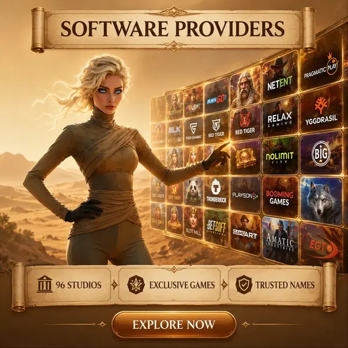Zelfverzekerde vrouw verkent diverse gokkasten bij SpinSahara software provider showcase